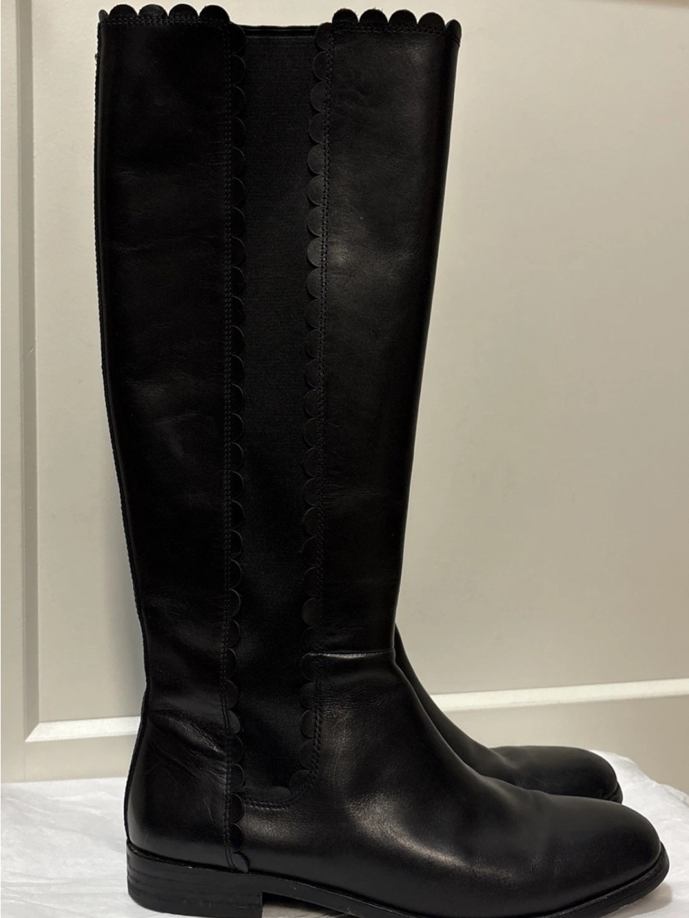 kate spade Black Scalloped-Edge Knee-High Leather Boots